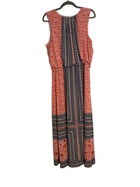 London Style Collection Women 16 Coral Black Maxi Dress Sleeveless Boho Artsy